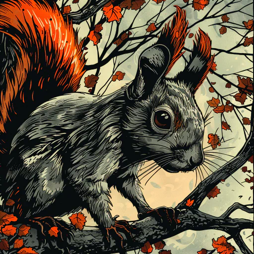 A digital illustration of a squirrel with a bushy red tail on a tree branch surrounded by autumn leaves.