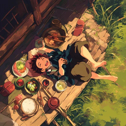 Anime-inspired avatar depicting a character resembling Tanjiro from Demon Slayer, lying contently beside a rustic feast in an idyllic outdoor setting.