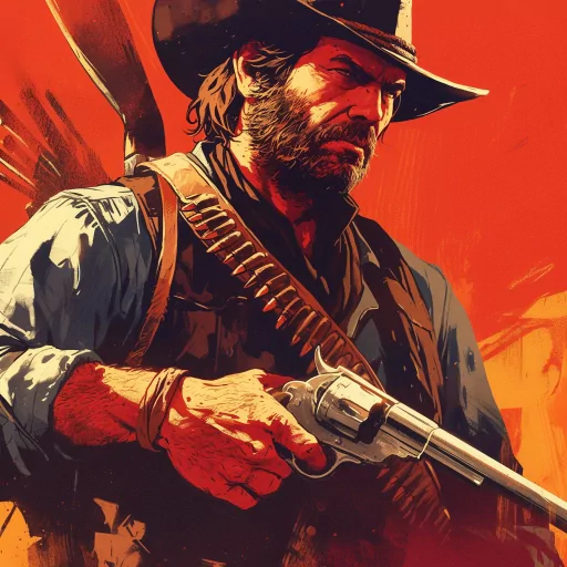 Illustrated avatar of a rugged cowboy with a hat and revolver, in a dynamic orange and red color scheme, ideal for a profile picture.