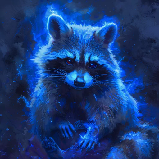 Avatar of a raccoon with a mystical blue aura surrounding it, creating a vibrant and magical atmosphere.
