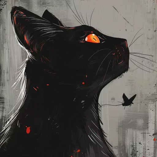 Stylized black cat profile picture with intense orange eyes looking upwards and a small silhouette of a bird in the background.