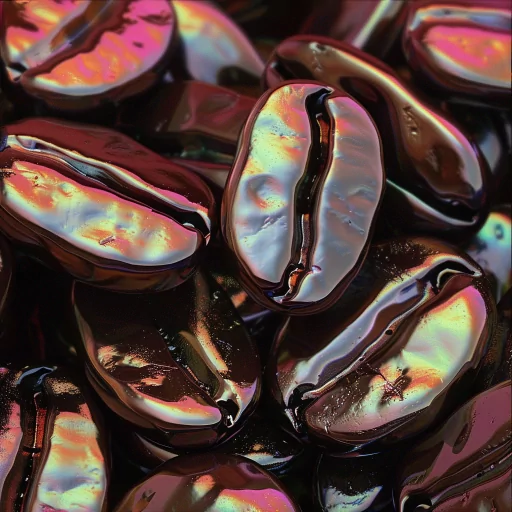 Shiny, iridescent coffee beans profile picture with a striking contrast effect, ideal for a coffee enthusiast's avatar.