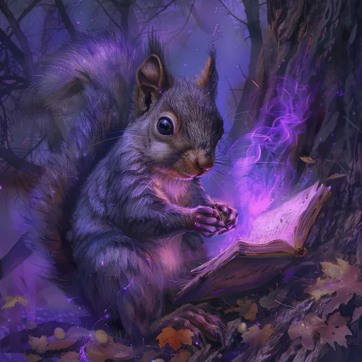 A mystical squirrel reading a glowing, magical book in a dark enchanted forest. The scene is illuminated with purple and blue hues, giving a fantastical atmosphere.