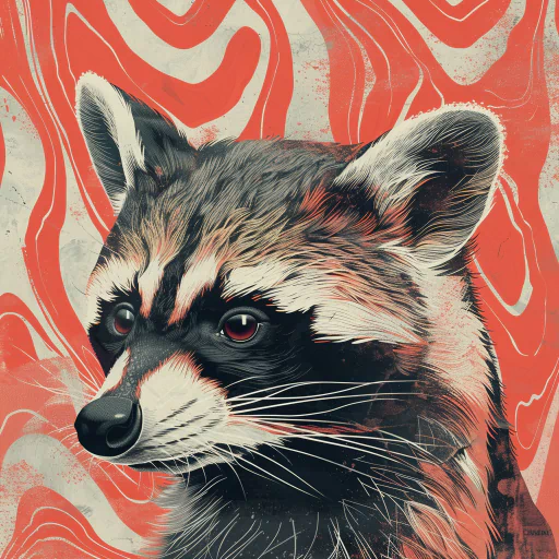 A stylized illustration of a raccoon's head against a red and white abstract background.
