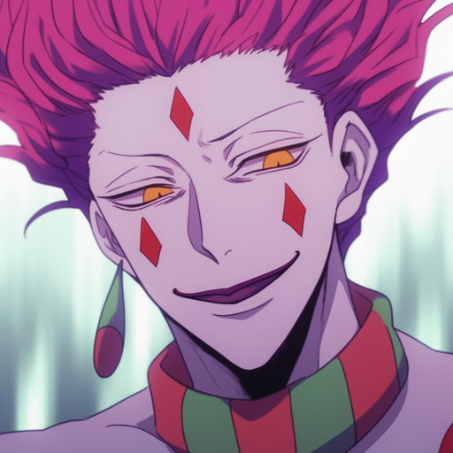 Smiling Hisoka with colorful background.