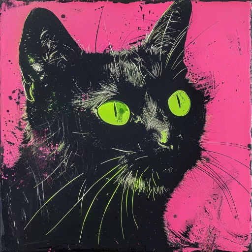 Striking black cat avatar with vibrant green eyes on a pink and black background, ideal for a profile photo or pfp.