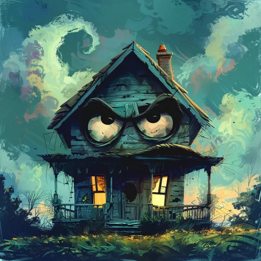 Illustrated avatar of an anthropomorphic house with eyes for windows set against a moody sky, perfect for a whimsical profile picture.
