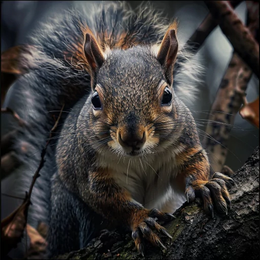 Close-up of a squirrel perched on a tree branch, with a focused look towards the camera amidst a background of branches and foliage.