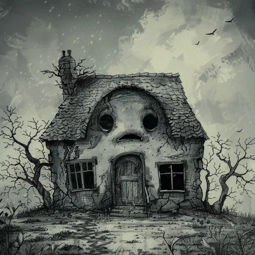 Whimsical house avatar with a cartoonish design resembling a face, set against a moody, monochromatic backdrop with bare trees and flying birds, perfect for a unique profile picture.