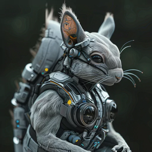 Cyberpunk squirrel with advanced tech gear and mechanical enhancements. The background is dark and blurred.