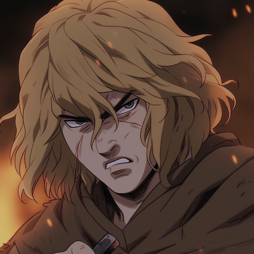 Thorfinn with intense hair and fiery expression.