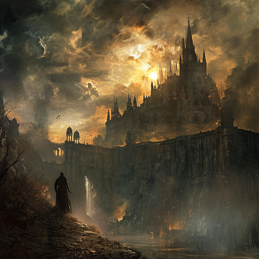 Majestic knight overlooking a grand cityscape with towering spires in a dark and atmospheric setting.