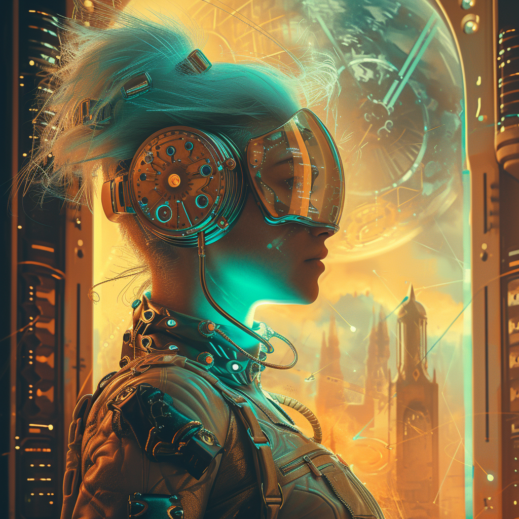 Sci-fi themed avatar showing a profile view of a person with futuristic goggles and blue hair for use as a profile picture.