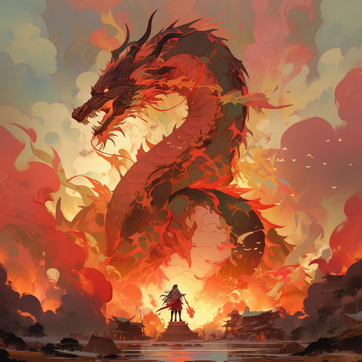 An ancient dragon exhaling fire in a magical landscape called Niji.