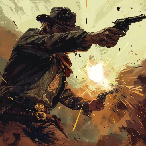 Illustration of a cowboy, styled as an Arthur Morgan avatar, firing a gun with dynamic action and intense colors, perfect for a profile photo or gamer PFP.