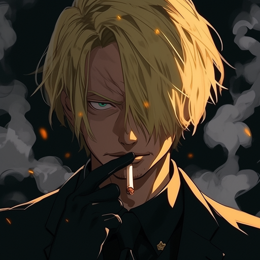 Sanji, a character from One Piece, wearing a black suit in a portrait-style image.