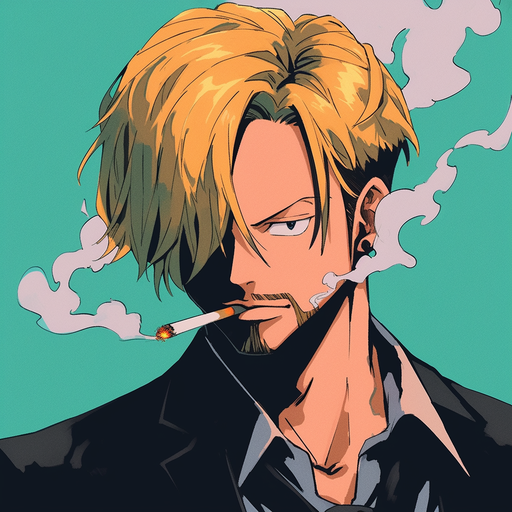 Close up of retro anime character Sanji in black suit, exuding elegance.