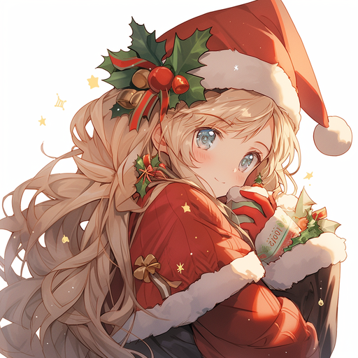 Christmas-themed anime girl profile picture with festive decorations and joyful expression.