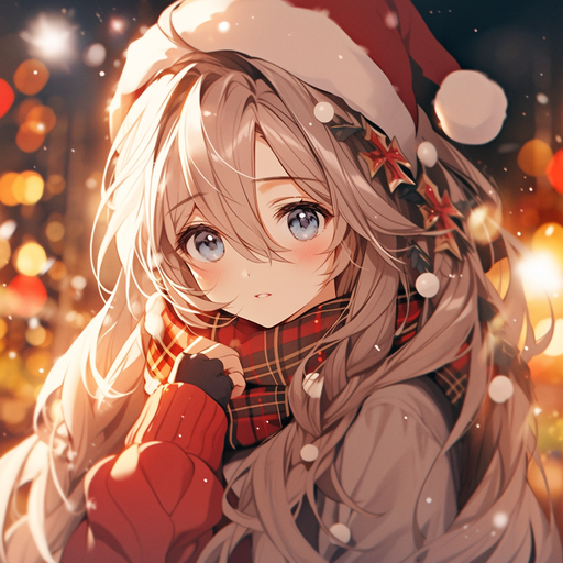 Anime girl dressed in a festive Christmas outfit with a joyful expression.