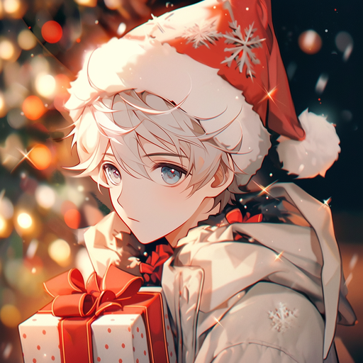 Anime boy wearing festive Christmas attire with cheerful expression.