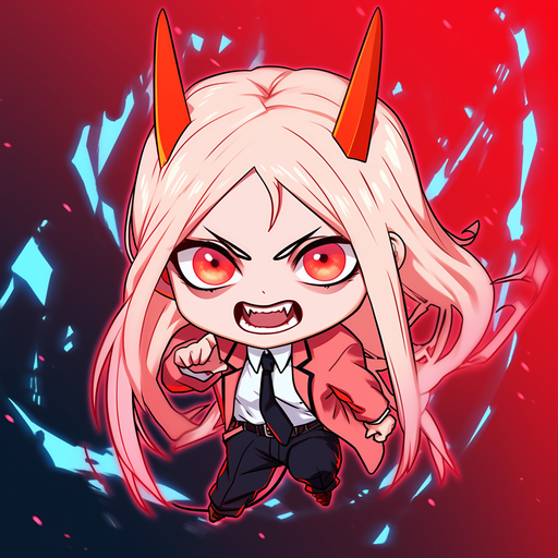 Chibi-style anime character with a powerful and aggressive vibe, inspired by Chainsaw Man series.