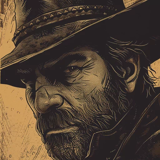 Arthur Morgan inspired avatar featuring a rugged, bearded character wearing a cowboy hat, with a detailed, sepia-toned illustrative style, perfect for a profile photo or PFP.