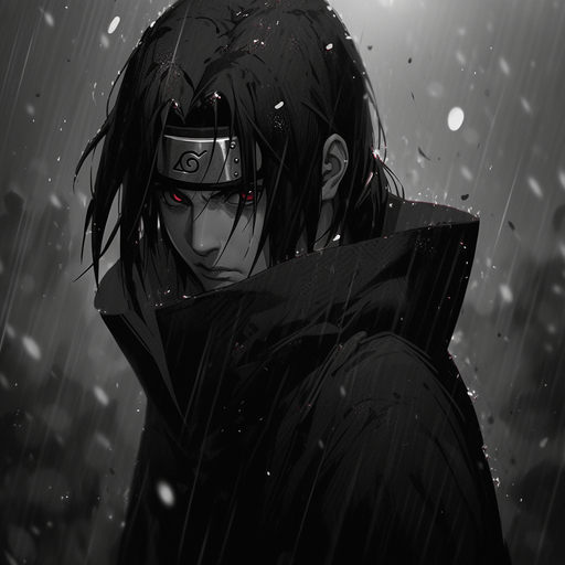 Itachi Uchiha, a dark and mysterious anime character, depicted in a manga-style, black and white image.