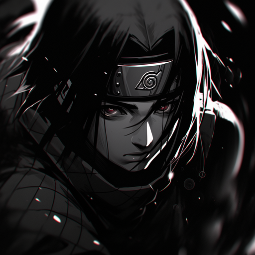 Itachi Uchiha, a dark and mysterious character from the anime, depicted with a black and white manga-style filter.