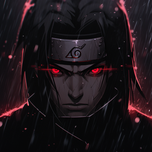 Itachi Uchiha, a black and white manga-style character with a dark filter.