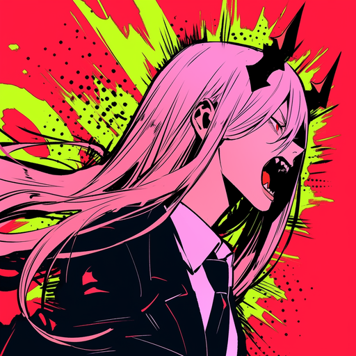 Pop art portrayal of character Power from Chainsaw Man anime - vibrant colors and strong expression.