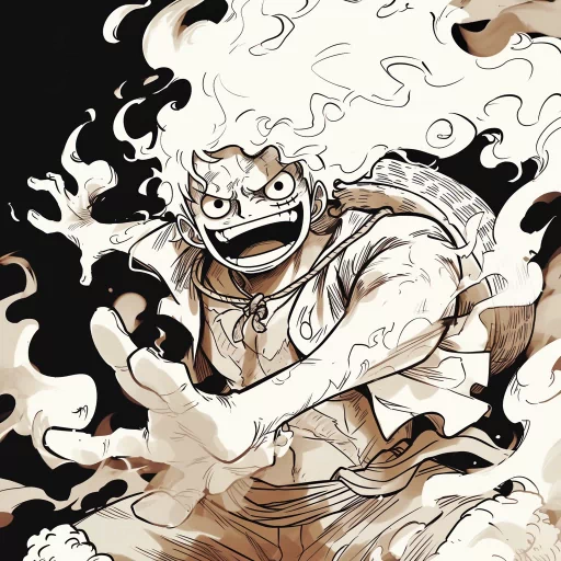 Gear 5 Luffy avatar with energetic pose and fiery background for a profile picture.