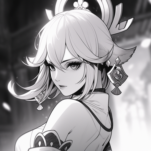 Monochrome anime character profile picture with an epic manga-style representation of Yae Miko from Genshin Impact.