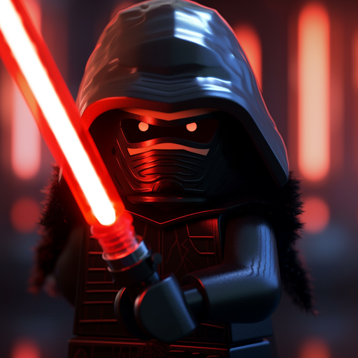 Kylo Ren holding a red lightsaber in a close-up shot from Lego Star Wars.