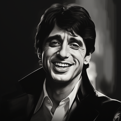 Scarface portrait in black and white with a realistic smiling expression.