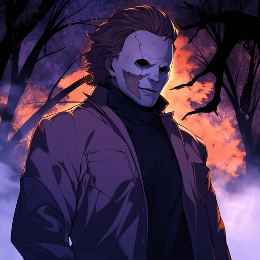 Creepy face with white mask and wild dark hair, resembling the character Michael Myers.