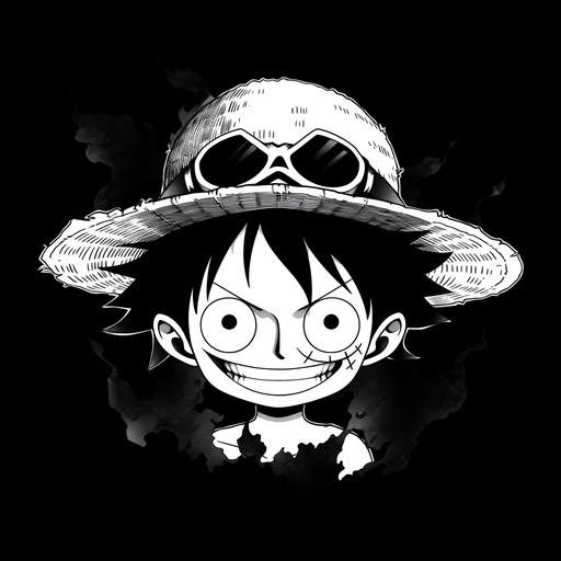 Black and white manga-style portrait of Monkey D. Luffy from One Piece.