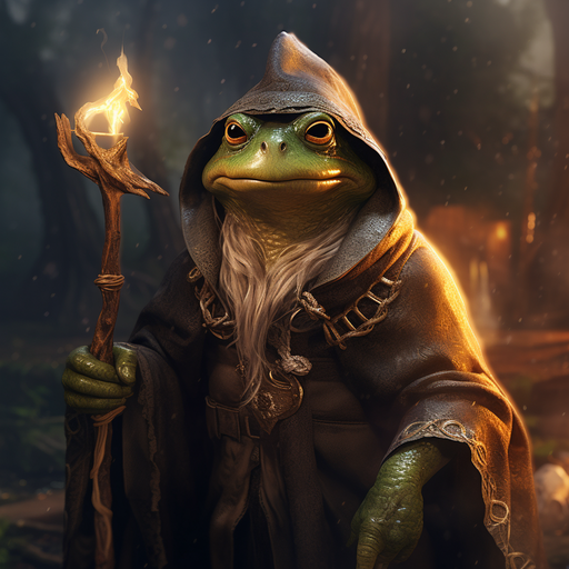 Colorful frog wearing a wizard hat and glasses against a vibrant background.
