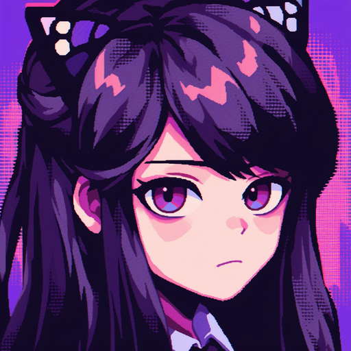 Pixelated portrait of Komi, an anime character, with vibrant colors and a nostalgic 8-bit style.