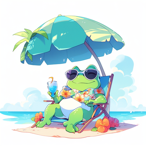 Relaxed cool frog on the beach