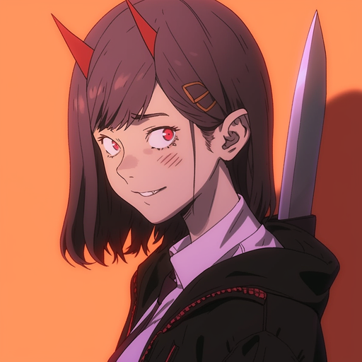 Kobeni from Chainsaw Man, a manga character with a fierce expression and devilish horns.