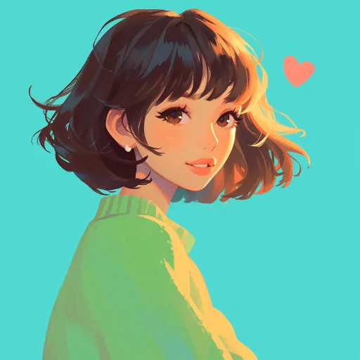 Illustration of a stylish avatar with a preppy look, featuring a young female character with short wavy hair, earrings, and a green top against a blue background with a small heart detail.