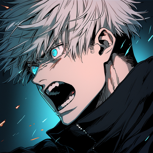 Vibrant and powerful portrait of Gojo Satoru from Jujutsu Kaisen, wearing an angry expression.