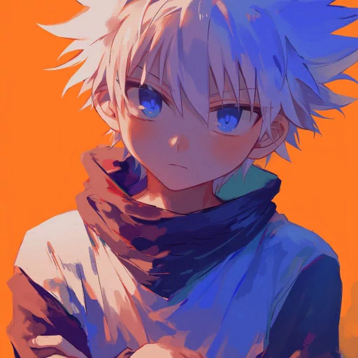 Illustration of Killua Zoldyck as a profile picture, featuring his signature silver hair and blue eyes against an orange background, ideal for an avatar or PFP.