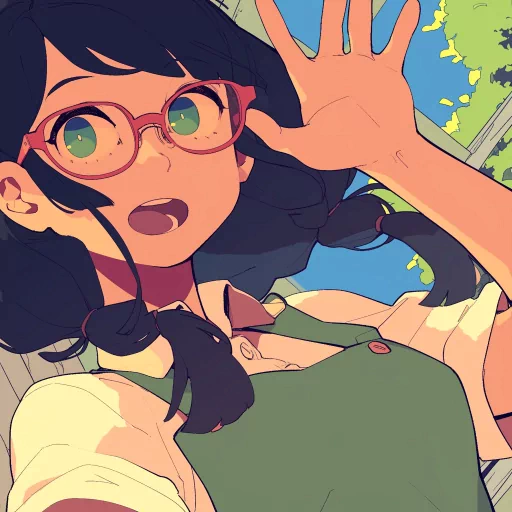 Preppy anime style avatar featuring a character with glasses and a green vest outdoors.