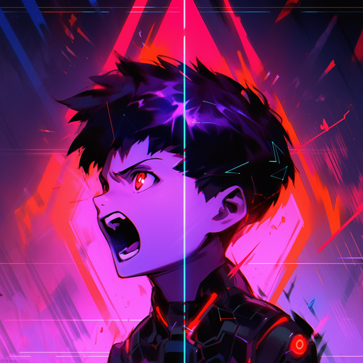 Shinji Ikari with fiery neon colors, expressing intense emotions.