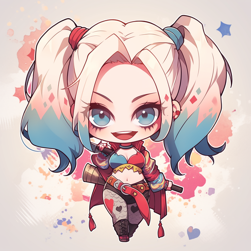 Chibi Harley Quinn character in an anime artstyle.