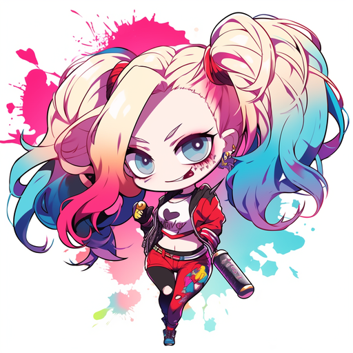 Chibi-style drawing of Harley Quinn with vibrant colors and playful expression.