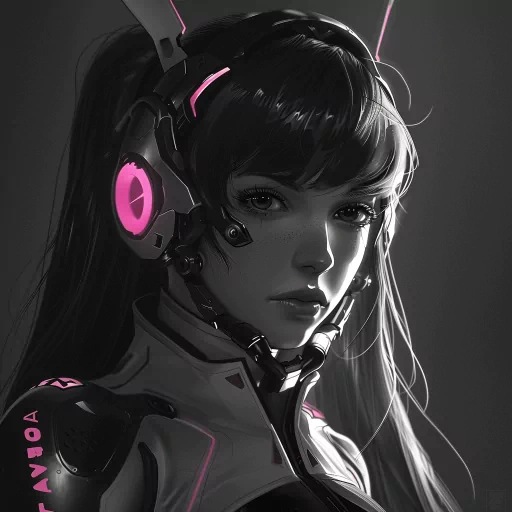 Overwatch-themed avatar with a female character wearing futuristic headphones and armor, highlighted with pink accents, ideal for a gaming profile picture.