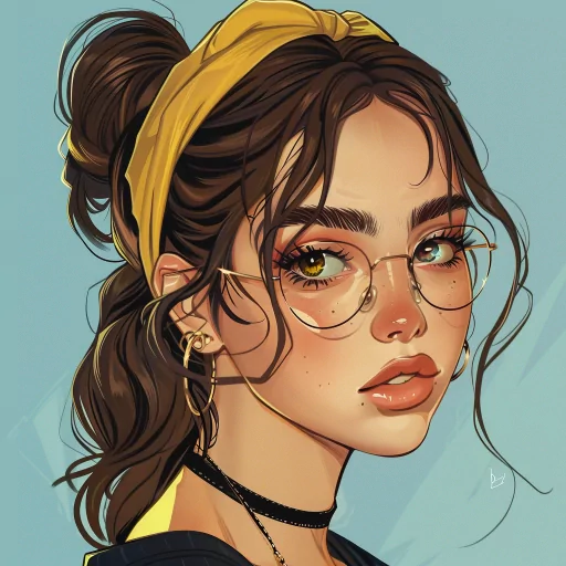 Preppy style avatar with a detailed illustration of a woman with glasses, a yellow headband, and stylish earrings for a profile photo.