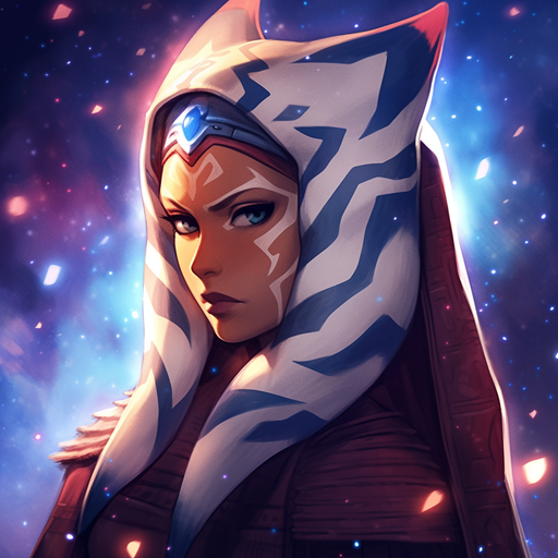 Serious Ahsoka Tano in galaxy surroundings.